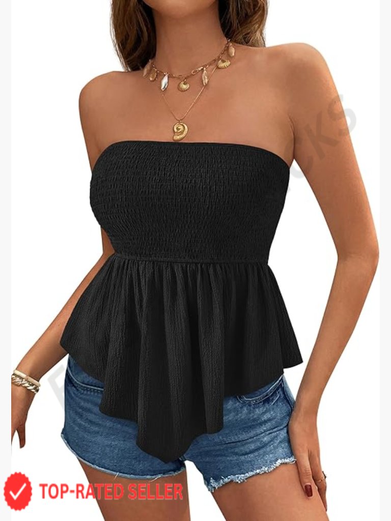 Strapless Peplum Bandeau Top Smocked Flowy Tunic Blouse Summer Date Night